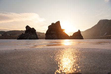 A small island with a pavilion, a morning sunrise sceneの写真素材