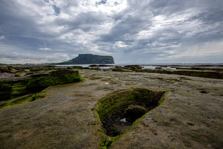 Rocks on the Beach on a Cloudy Day Korea's Jeju Sea Sceneryの写真素材