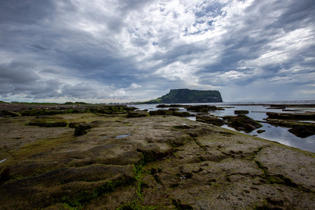 Rocks on the Beach on a Cloudy Day Korea's Jeju Sea Sceneryの写真素材