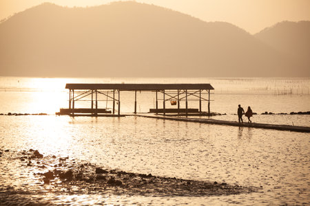 Silhouette of a couple on the beach in the evening.の写真素材