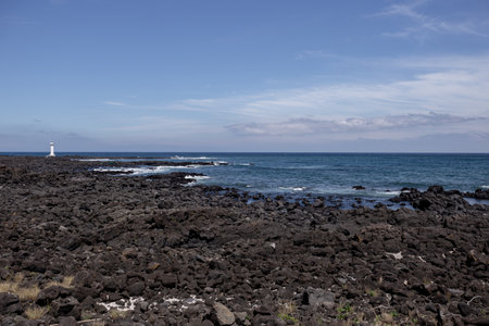 Jeju Island scenery with volcanic rock beach, blue sky, and seaの写真素材