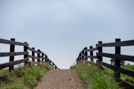 fences and roads leading toward the clear and transparent skyの写真素材