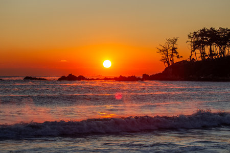 The silhouette of the island with trees and the sunriseの写真素材