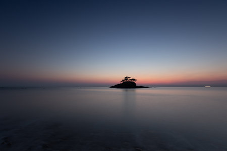 Island Silhouette and Sea Long Exposure Sunsetの写真素材