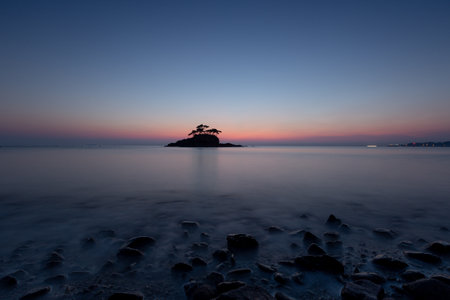 Island Silhouette and Sea Long Exposure Sunsetの写真素材