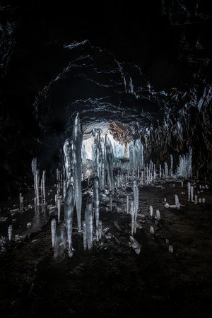 icicles created in caves due to low winter temperaturesの写真素材