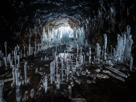 icicles created in caves due to low winter temperaturesの写真素材