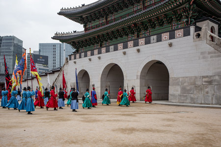 changing of the gatekeeper of Gyeongbokgung Palace in Seoul, South Koreaの写真素材