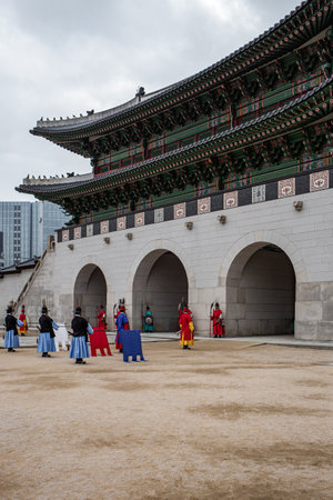changing of the gatekeeper of Gyeongbokgung Palace in Seoul, South Koreaの写真素材