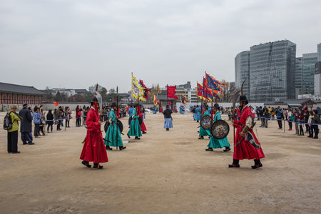 changing of the gatekeeper of Gyeongbokgung Palace in Seoul, South Koreaの写真素材