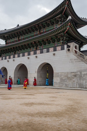 changing of the gatekeeper of Gyeongbokgung Palace in Seoul, South Koreaの写真素材