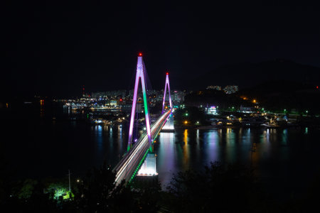 Dolsan Bridge night view, Yeosu, Koreaの写真素材