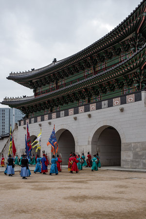 changing of the gatekeeper of Gyeongbokgung Palace in Seoul, South Koreaの写真素材