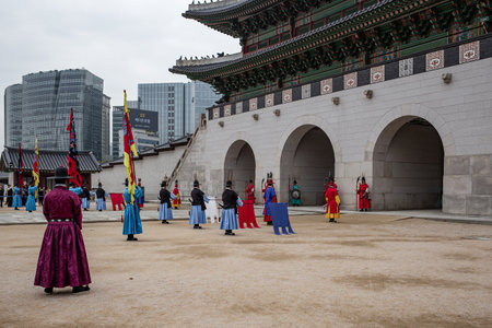 changing of the gatekeeper of Gyeongbokgung Palace in Seoul, South Koreaの写真素材
