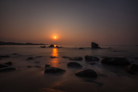 Sea Sunrise With Rocks, Long Exposureの写真素材