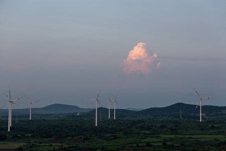 wind turbines on hills, mountains, and wide pastures, Jeju Island in Korea