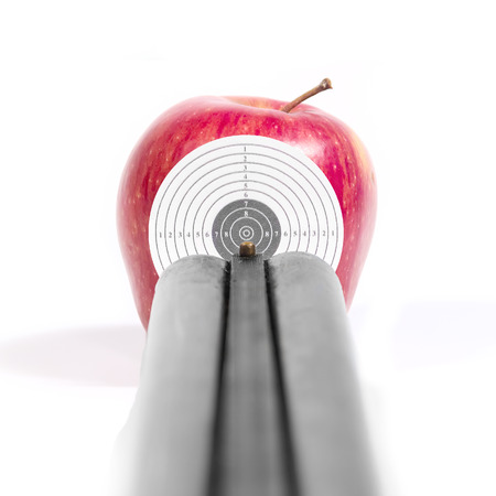 Target ripe apple red reflection isolated white backgroundの写真素材