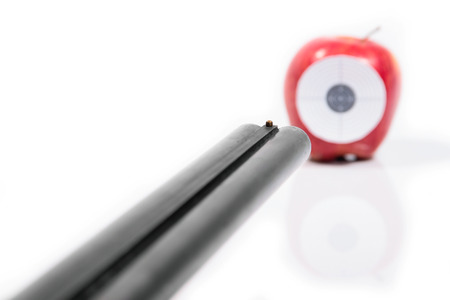 Target ripe apple red reflection isolated white backgroundの写真素材