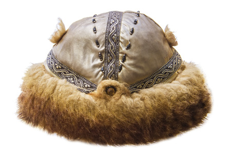 Russian vintage Imperial leather brown fur winter hat isolated white backgroundの写真素材