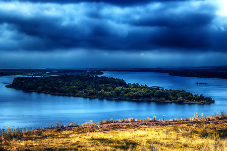 River Kama evening storm clouds top view of Tatarstan, Yelabuga Russia hdr filter two-tone contrast enhancementの写真素材