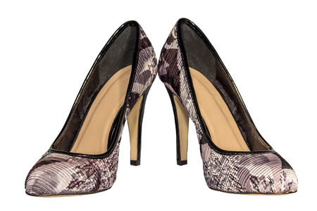 Women high heel shoes color brown gray khaki military  front view  pair  isolated white backgroundの写真素材