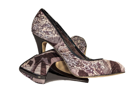 Women high heel shoes color brown gray khaki military  side view  pair lie on each other  isolated white backgroundの写真素材