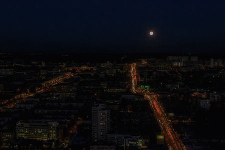 Yekaterinburg view from above  night  river Iset winter ice snow roadの写真素材