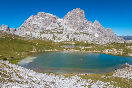 Tre cime Lake in Dolomites Italyの写真素材