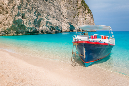 Boat in Navagio Beach Zakynthosの写真素材
