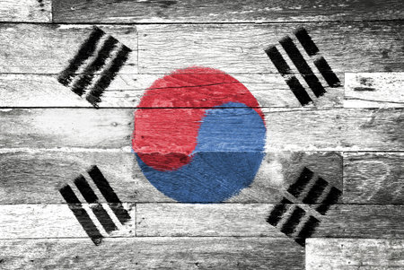 South korea flag painted on old wood backgroundの写真素材