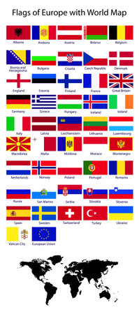 Flags of Europe with World Map - Vector