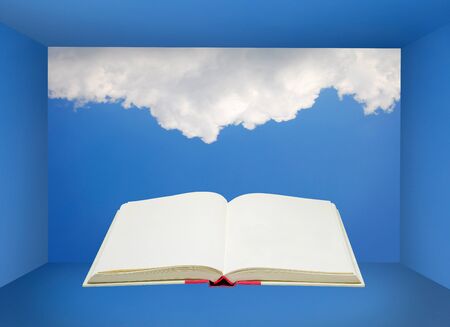 blank open book in the blue sky room backgroundの写真素材