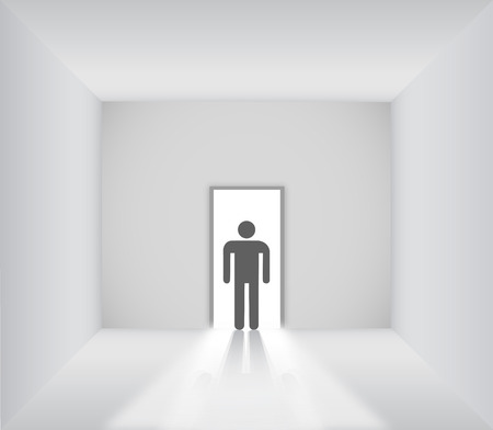 Male sign standing in the white blank room with opened doorのイラスト素材