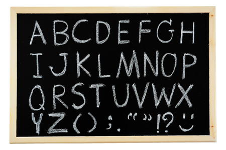 Hand drawn A to Z alphabet blackboard on white backgroundの写真素材