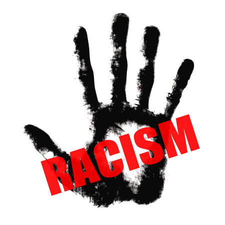 Racism red text on black hand print (Stop Racism concept)の写真素材