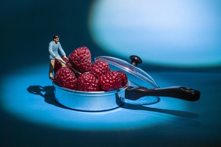 conceptual worker working the raspberry fruits in a potの写真素材