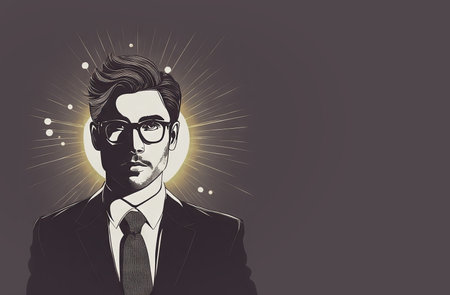 graphic business man with a suit and glasses light glowing from the back having new ideas about a proposalの写真素材