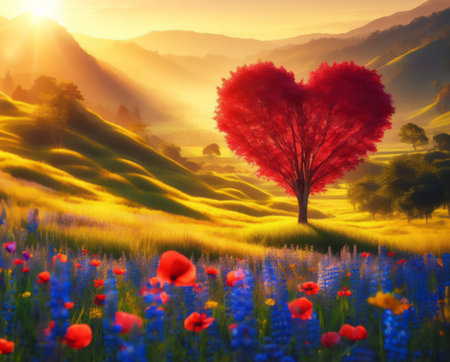 meadow with flowers at sunset tree in heart shape with red leavesの写真素材