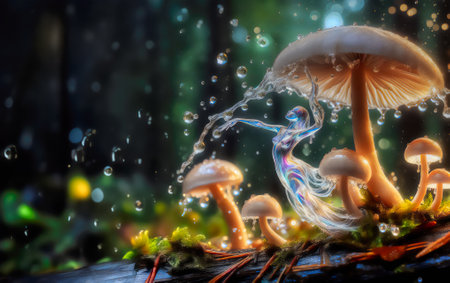 magical mushrooms forest, dew fairy dancing, spellbound design for childrenの写真素材
