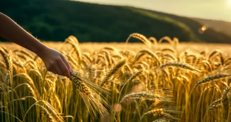 autumn harvest ,woman hand touching the barley at the sunsetの写真素材