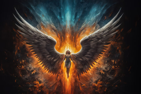 angel with big wings, fire sky background, with exploding elementsの写真素材