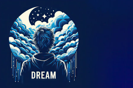 illustration dream concept with a boy with wavy hair dreaming looking at the moon and clouds drippingの素材