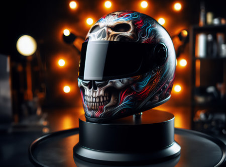 designer motorbike helmet , skull design , dark background with red lightsの素材