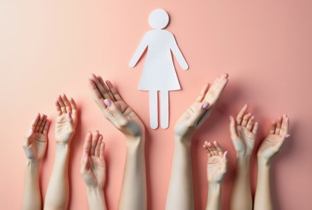 group of hands and female gender symbol or pictogram, Women rights and female social movement or gender equality for woman justice together as a community united together for abortion issues and reproduction freedom,の素材