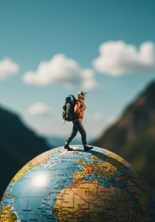 concept travel globetrotter hiking , tourist man traveler backpack in top of the globe geographic with continents and countries, mountain range with sky and clouds in the backgrounds, holiday sales,の素材