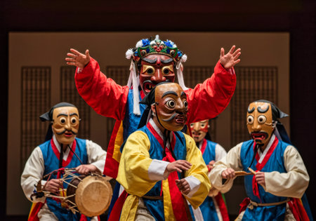 Korean Talchum mask dance performance during Seollal Korean Lunar New Year, performers in colorful masks and costumes, masks conveying different characters and emotions, traditionaの素材