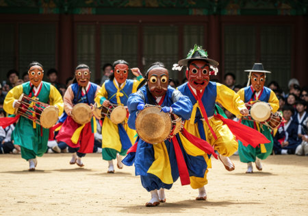 Korean Talchum mask dance performance during Seollal Korean Lunar New Year, performers in colorful masks and costumes, masks conveying different characters and emotions, traditional Korean setting,の素材