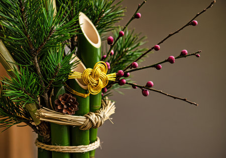 Kadomatsu, traditional Japanese New Year decoration, lush green pine boughs, bamboo stalks, and plum branches adorned with festive red berries. Gold and white ornaments add a touch of eleganceの素材