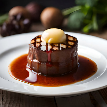 chocolate pudding with caramel sauce and marshmallow on a white plateの素材