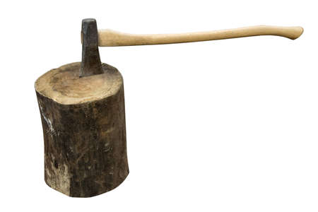 an axe sitting in a logの写真素材